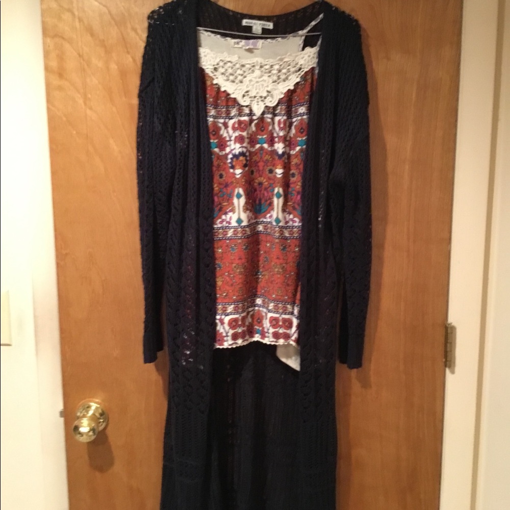 Long navy blue duster cardigan.